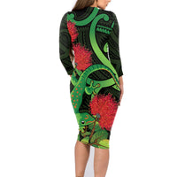 New Zealand Gecko Family Matching Long Sleeve Bodycon Dress and Hawaiian Shirt Aotearoa Maori With Pohutukawa Flowers LT14 - Polynesian Pride