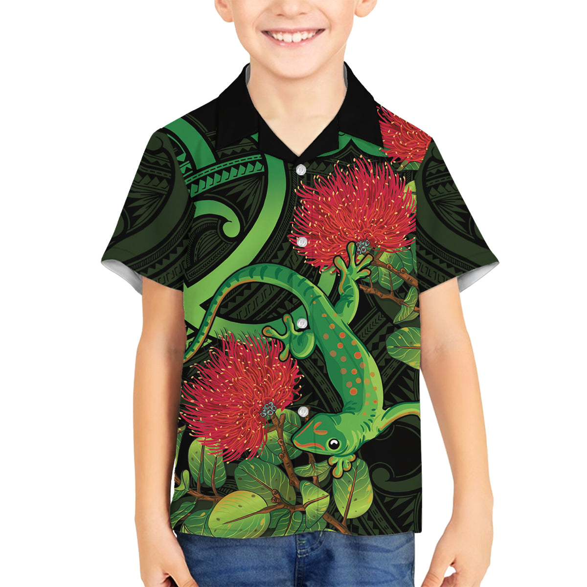 New Zealand Gecko Family Matching Long Sleeve Bodycon Dress and Hawaiian Shirt Aotearoa Maori With Pohutukawa Flowers LT14 Son's Shirt Black - Polynesian Pride