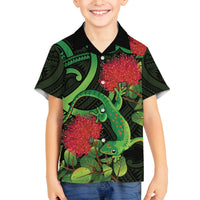 New Zealand Gecko Family Matching Long Sleeve Bodycon Dress and Hawaiian Shirt Aotearoa Maori With Pohutukawa Flowers LT14 Son's Shirt Black - Polynesian Pride