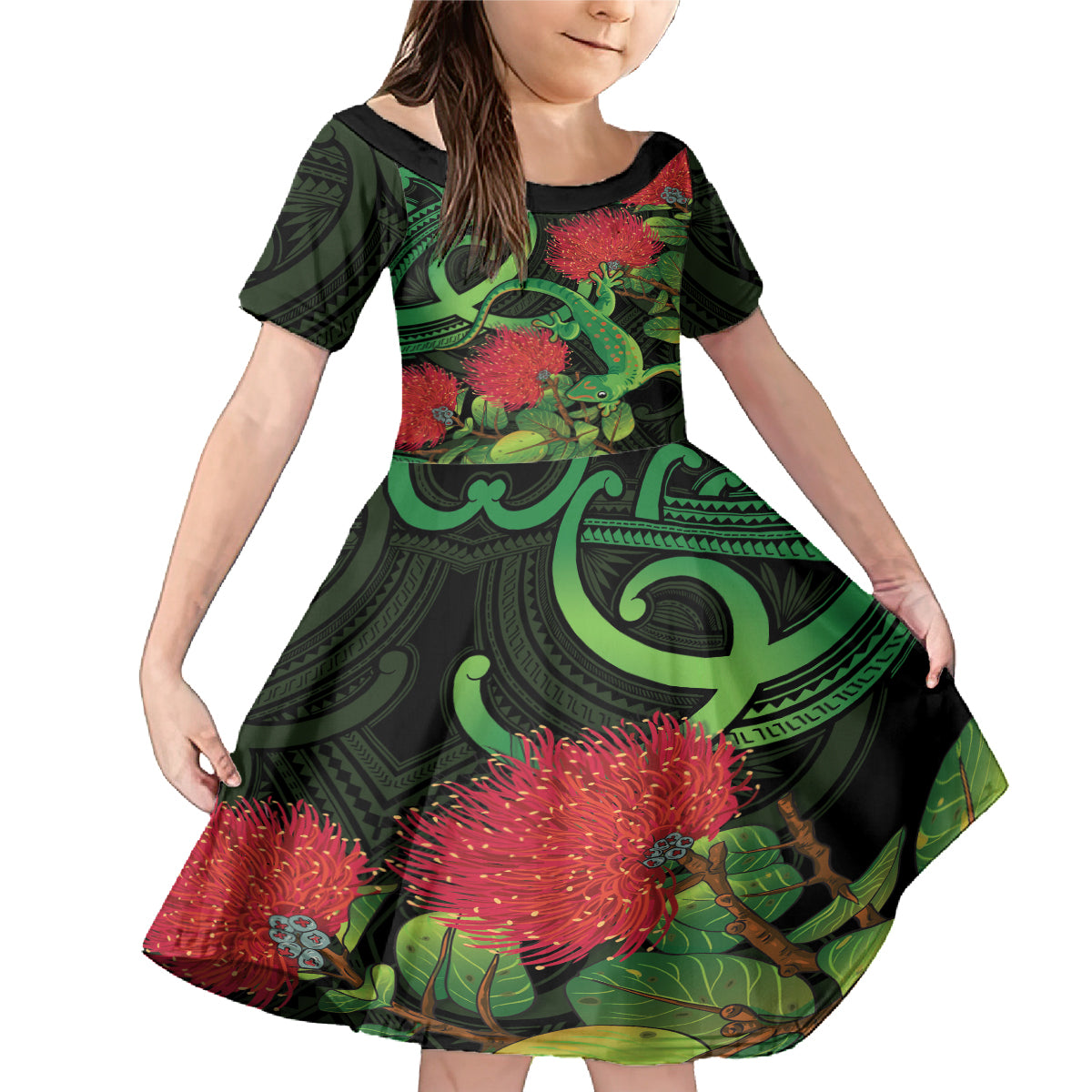 New Zealand Gecko Family Matching Mermaid Dress and Hawaiian Shirt Aotearoa Maori With Pohutukawa Flowers
