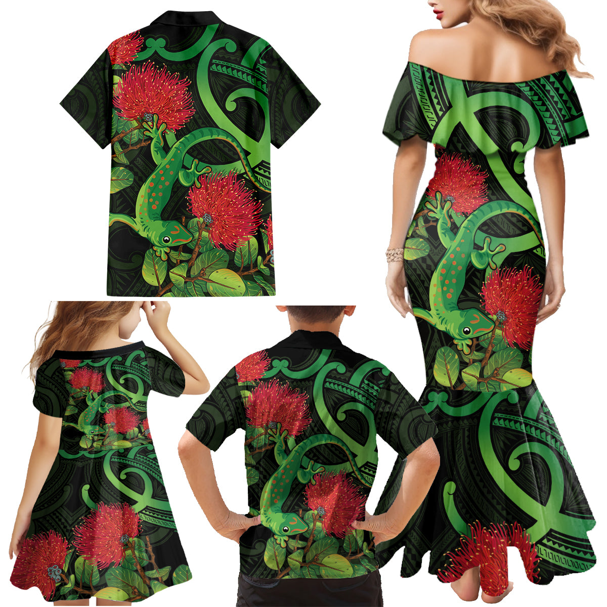 New Zealand Gecko Family Matching Mermaid Dress and Hawaiian Shirt Aotearoa Maori With Pohutukawa Flowers
