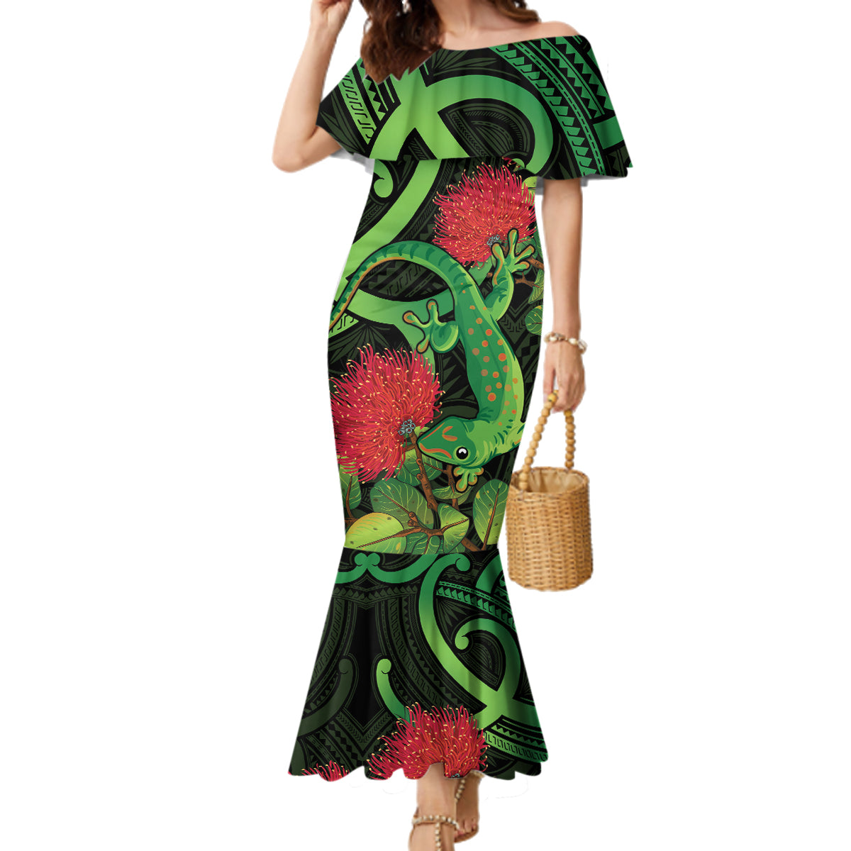 New Zealand Gecko Family Matching Mermaid Dress and Hawaiian Shirt Aotearoa Maori With Pohutukawa Flowers