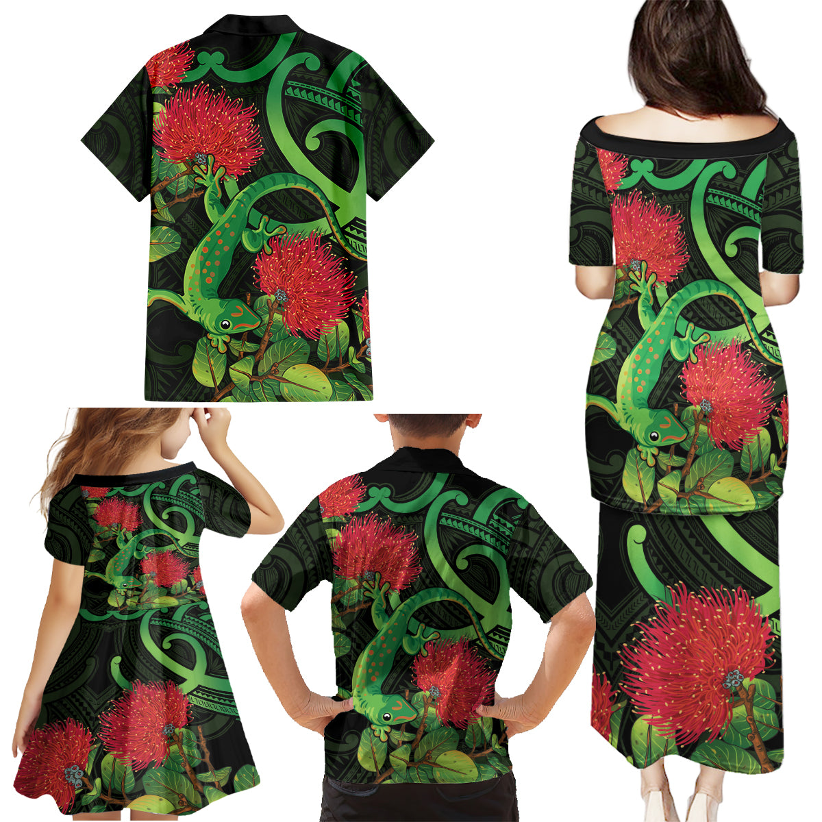 New Zealand Gecko Family Matching Puletasi and Hawaiian Shirt Aotearoa Maori With Pohutukawa Flowers
