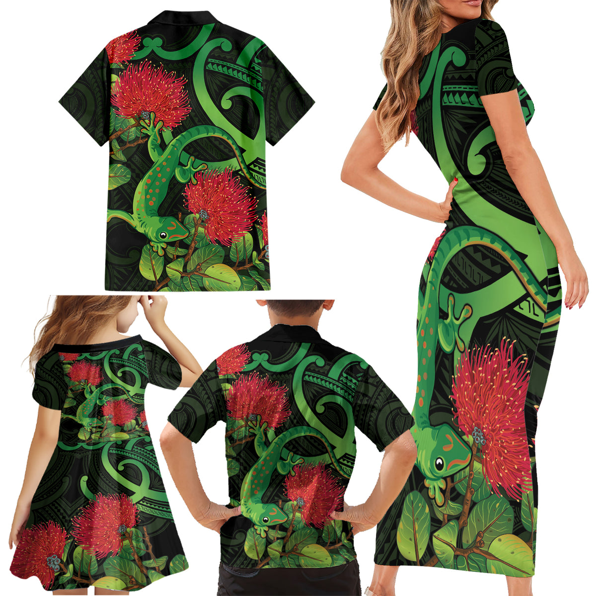 New Zealand Gecko Family Matching Short Sleeve Bodycon Dress and Hawaiian Shirt Aotearoa Maori With Pohutukawa Flowers