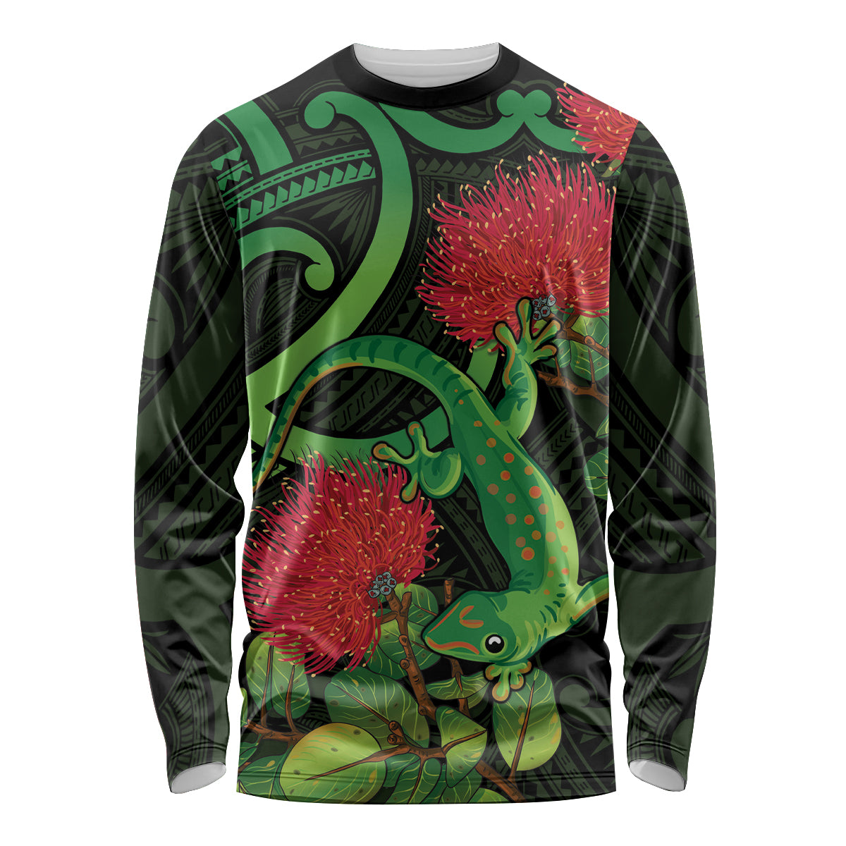 New Zealand Gecko Long Sleeve Shirt Aotearoa Maori With Pohutukawa Flowers LT14 Unisex Black - Polynesian Pride
