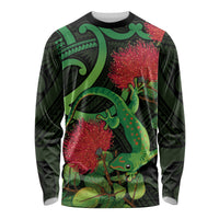 New Zealand Gecko Long Sleeve Shirt Aotearoa Maori With Pohutukawa Flowers LT14 Unisex Black - Polynesian Pride