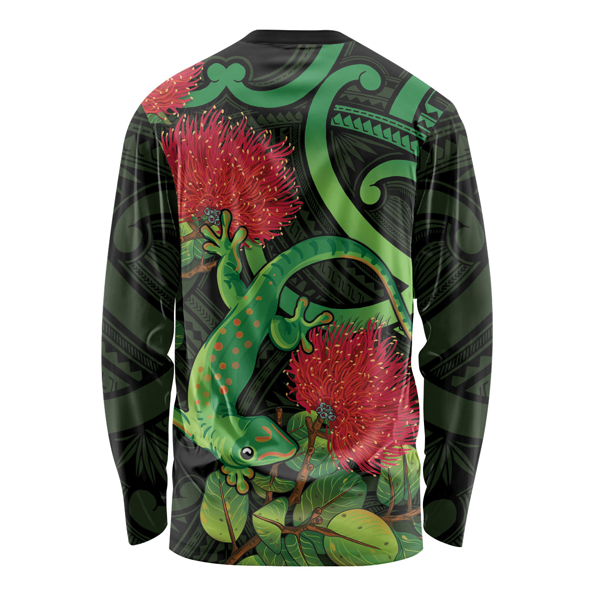 New Zealand Gecko Long Sleeve Shirt Aotearoa Maori With Pohutukawa Flowers LT14 - Polynesian Pride