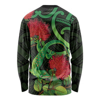 New Zealand Gecko Long Sleeve Shirt Aotearoa Maori With Pohutukawa Flowers LT14 - Polynesian Pride
