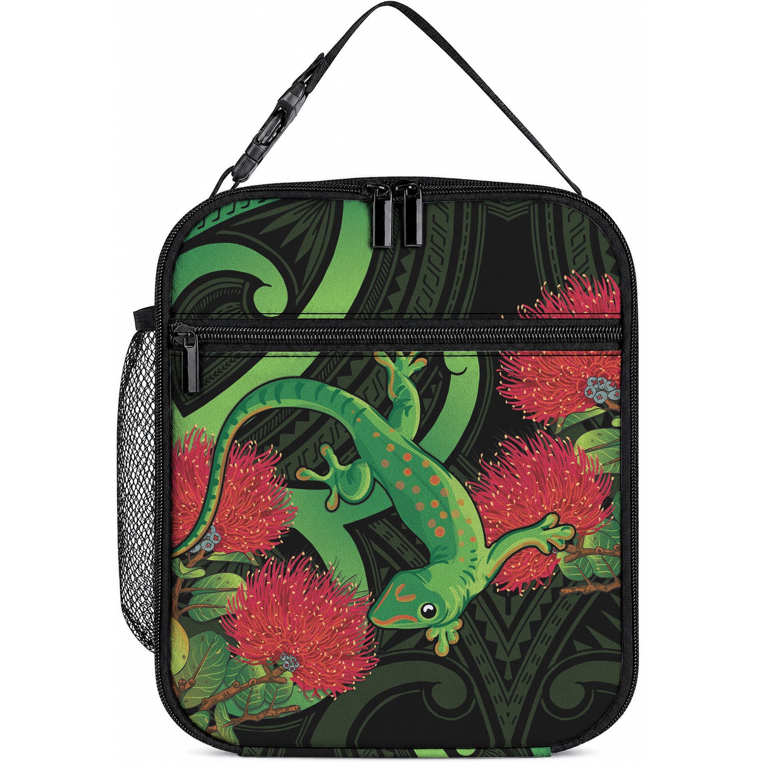 New Zealand Gecko Lunch Bag Aotearoa Maori With Pohutukawa Flowers LT14 10.2 × 8.3 × 4.3 inch Black - Polynesian Pride