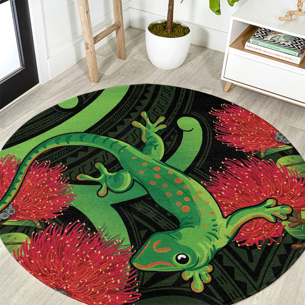 New Zealand Gecko Round Carpet Aotearoa Maori With Pohutukawa Flowers LT14 Black - Polynesian Pride