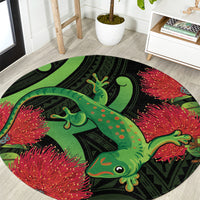 New Zealand Gecko Round Carpet Aotearoa Maori With Pohutukawa Flowers LT14 Black - Polynesian Pride