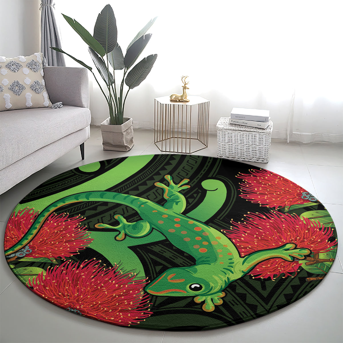 New Zealand Gecko Round Carpet Aotearoa Maori With Pohutukawa Flowers LT14 - Polynesian Pride