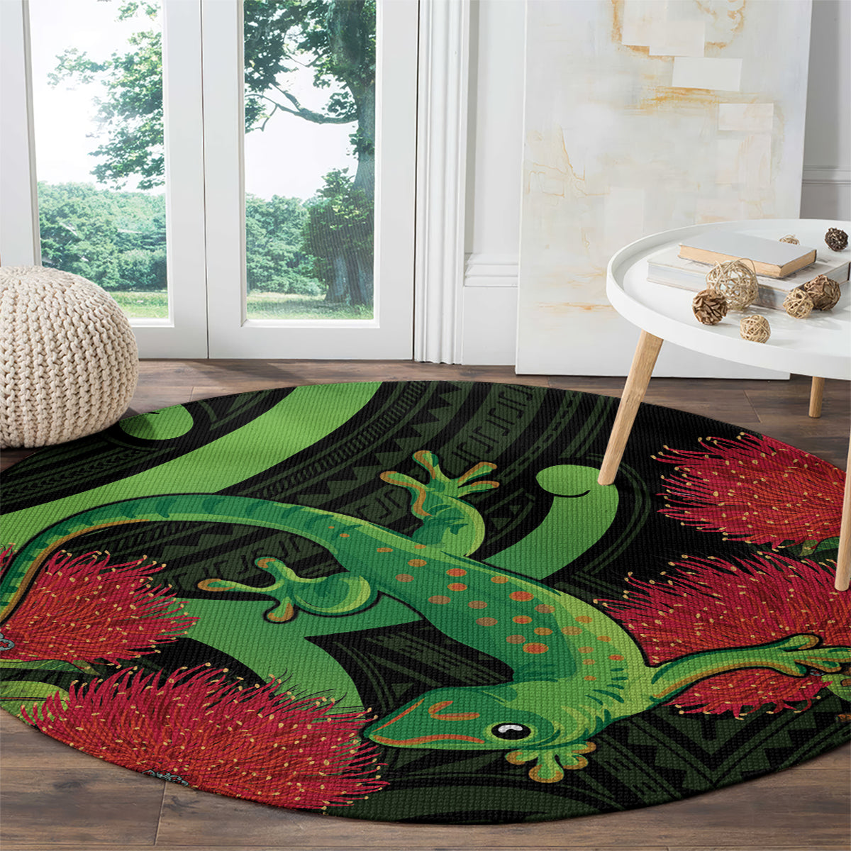 New Zealand Gecko Round Carpet Aotearoa Maori With Pohutukawa Flowers LT14 - Polynesian Pride