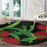 New Zealand Gecko Round Carpet Aotearoa Maori With Pohutukawa Flowers LT14 - Polynesian Pride