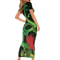 New Zealand Gecko Short Sleeve Bodycon Dress Aotearoa Maori With Pohutukawa Flowers