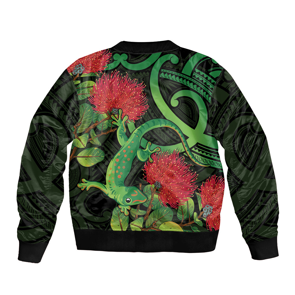 New Zealand Gecko Sleeve Zip Bomber Jacket Aotearoa Maori With Pohutukawa Flowers
