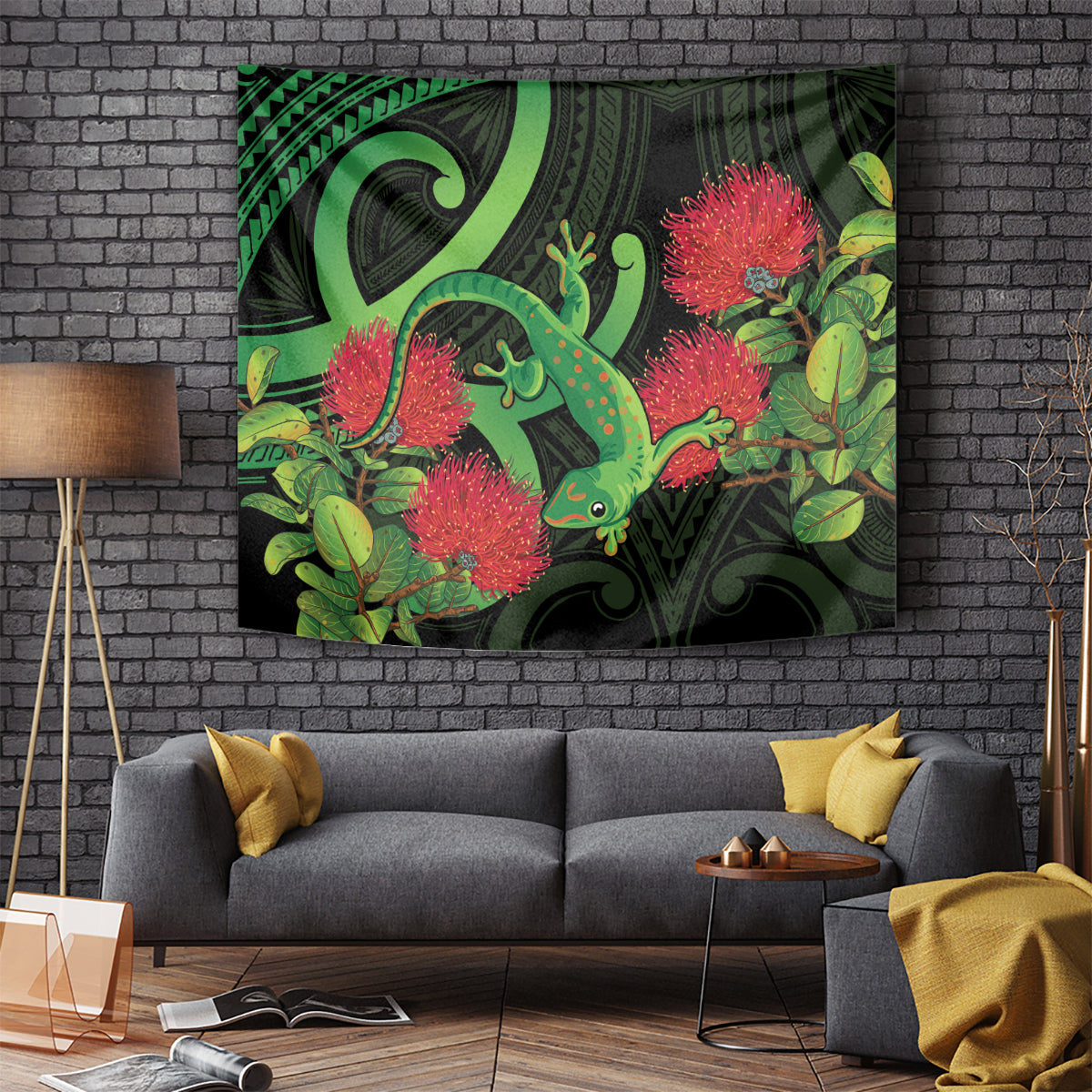 New Zealand Gecko Tapestry Aotearoa Maori With Pohutukawa Flowers LT14 - Polynesian Pride