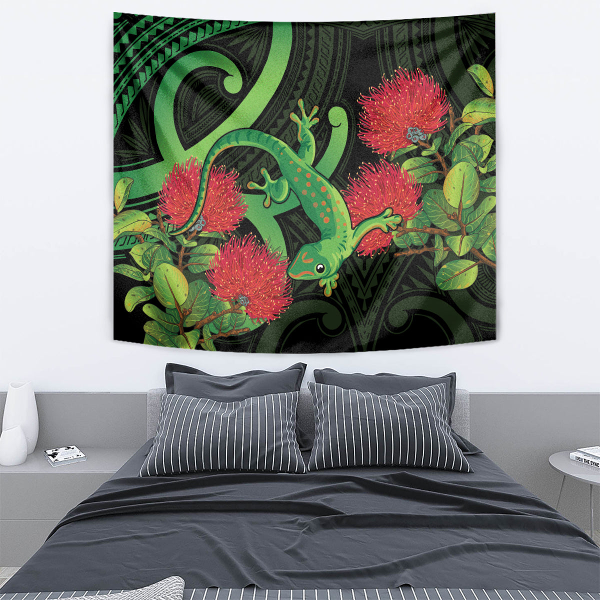 New Zealand Gecko Tapestry Aotearoa Maori With Pohutukawa Flowers LT14 - Polynesian Pride