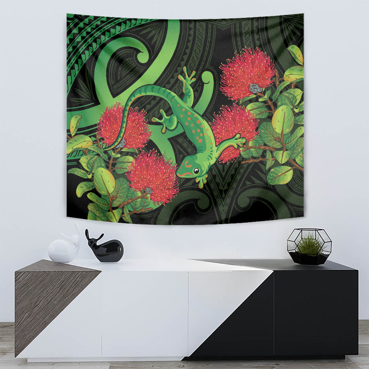 New Zealand Gecko Tapestry Aotearoa Maori With Pohutukawa Flowers LT14 - Polynesian Pride