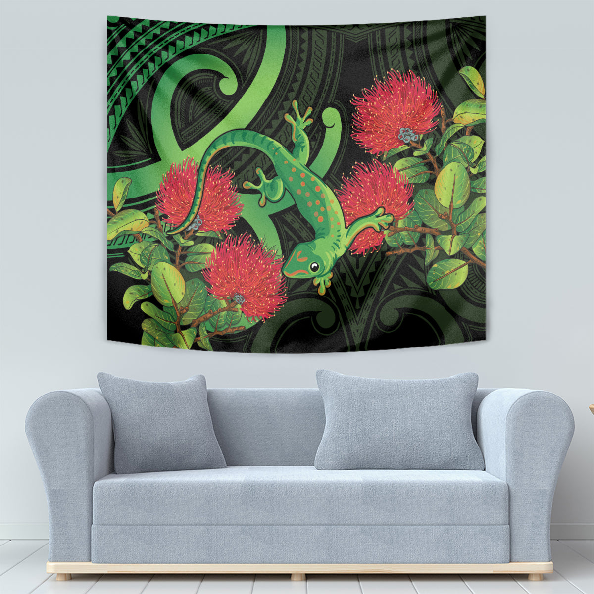 New Zealand Gecko Tapestry Aotearoa Maori With Pohutukawa Flowers LT14 - Polynesian Pride