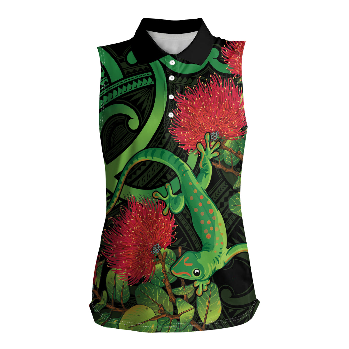 New Zealand Gecko Women Sleeveless Polo Shirt Aotearoa Maori With Pohutukawa Flowers