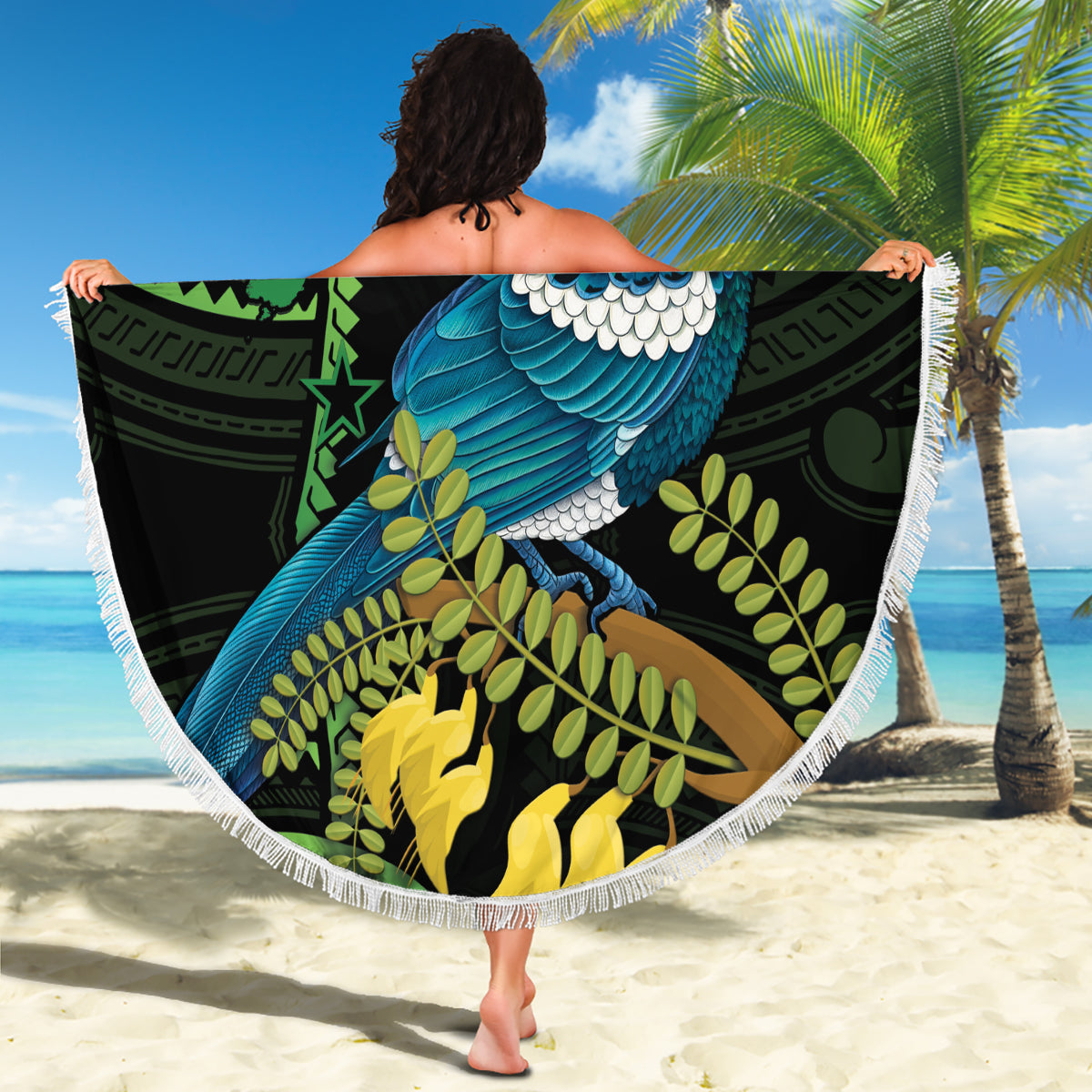 New Zealand Tui Bird Beach Blanket Aotearoa Maori With Kowhai Flowers