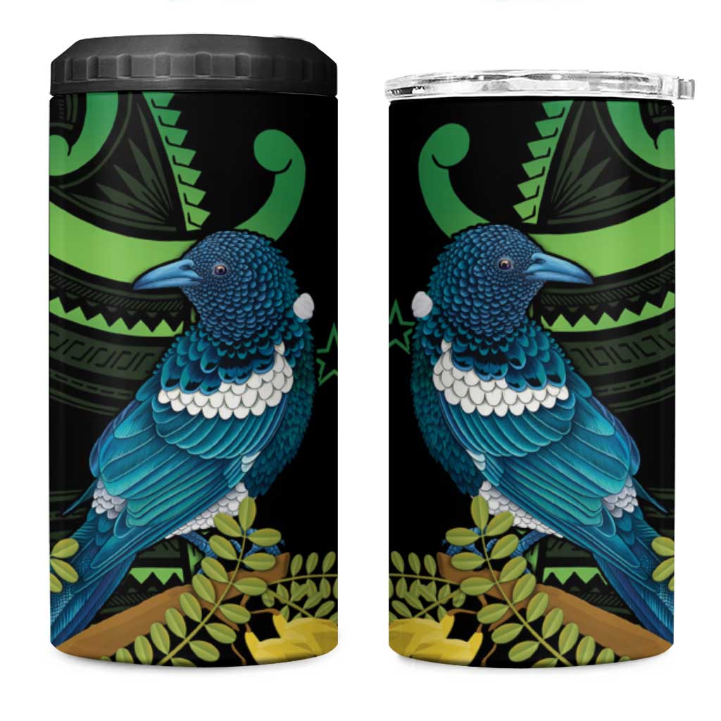 New Zealand Tui Bird 4 in 1 Can Cooler Tumbler Aotearoa Maori With Kowhai Flowers