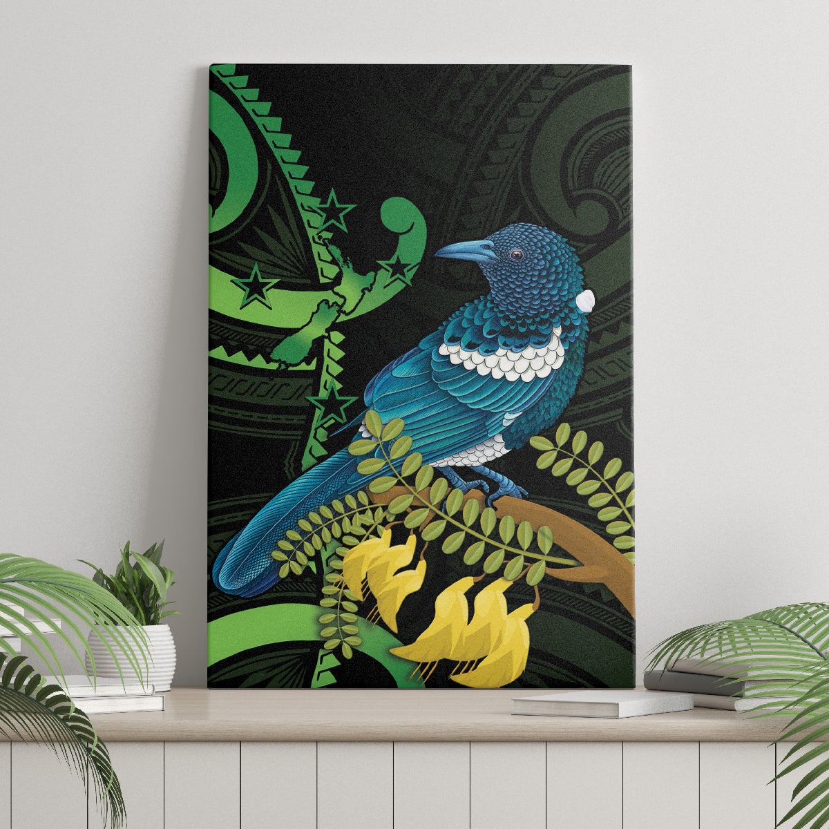 New Zealand Tui Bird Canvas Wall Art Aotearoa Maori With Kowhai Flowers