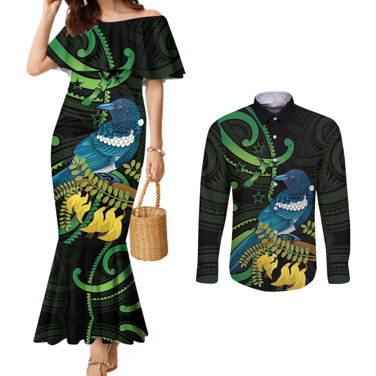 New Zealand Tui Bird Couples Matching Mermaid Dress and Long Sleeve Button Shirt Aotearoa Maori With Kowhai Flowers