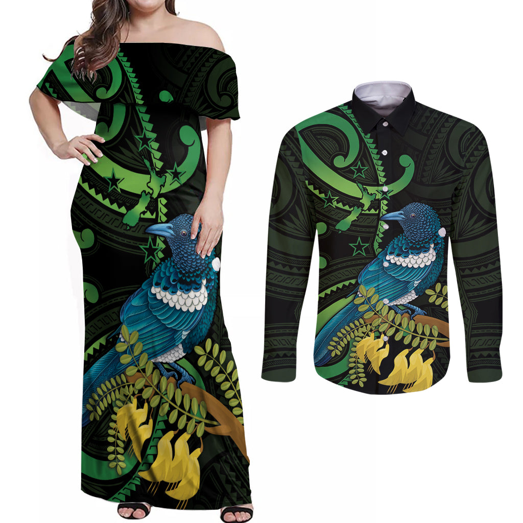New Zealand Tui Bird Couples Matching Off Shoulder Maxi Dress and Long Sleeve Button Shirt Aotearoa Maori With Kowhai Flowers