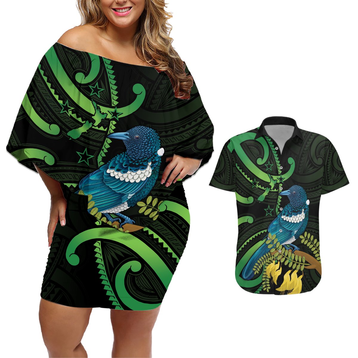 New Zealand Tui Bird Couples Matching Off Shoulder Short Dress and Hawaiian Shirt Aotearoa Maori With Kowhai Flowers