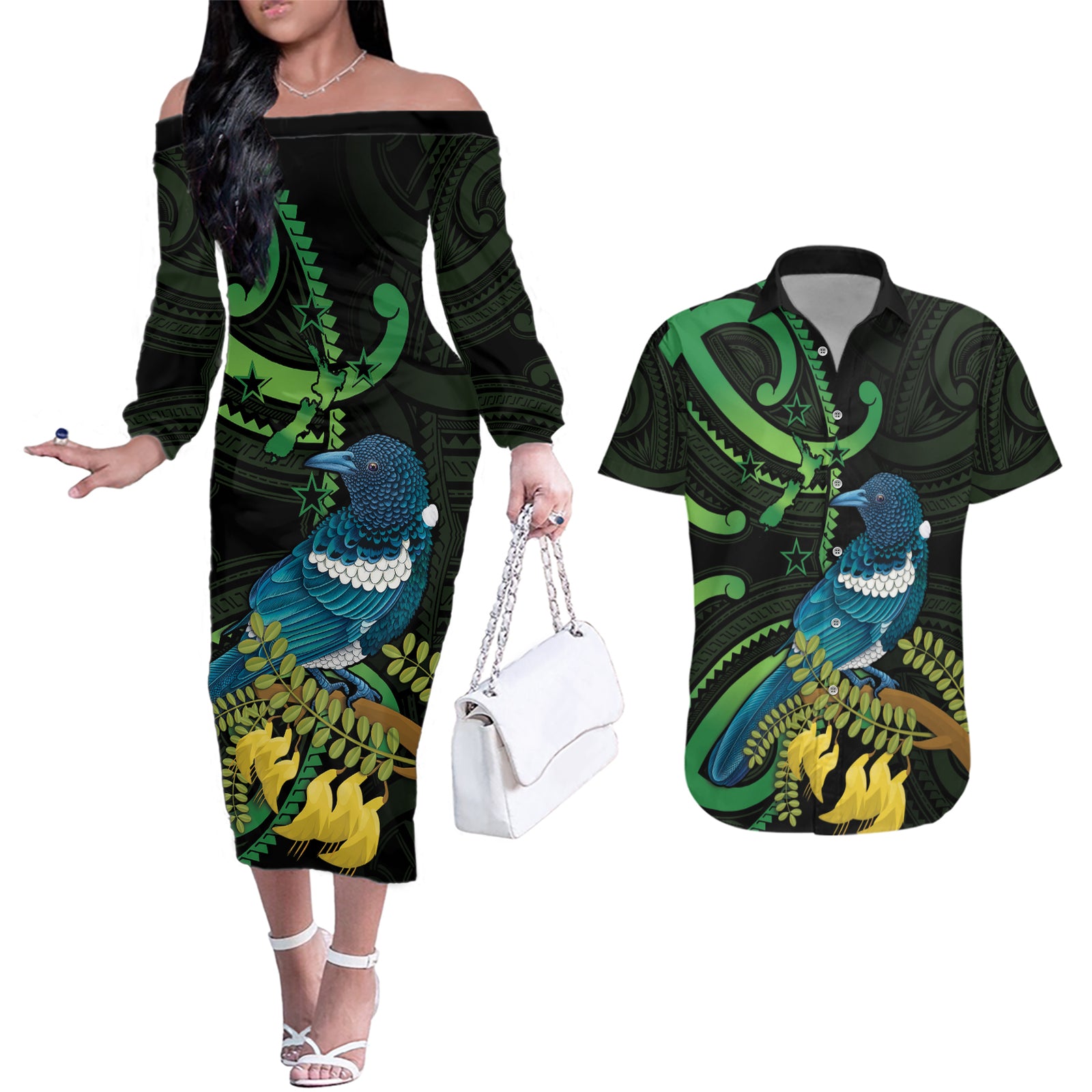 New Zealand Tui Bird Couples Matching Off The Shoulder Long Sleeve Dress and Hawaiian Shirt Aotearoa Maori With Kowhai Flowers