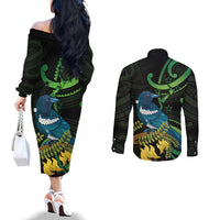 New Zealand Tui Bird Couples Matching Off The Shoulder Long Sleeve Dress and Long Sleeve Button Shirt Aotearoa Maori With Kowhai Flowers