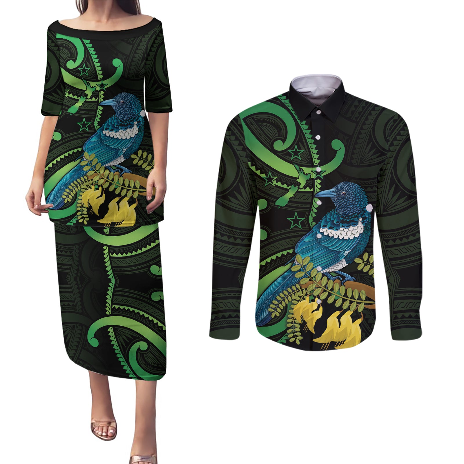 New Zealand Tui Bird Couples Matching Puletasi and Long Sleeve Button Shirt Aotearoa Maori With Kowhai Flowers