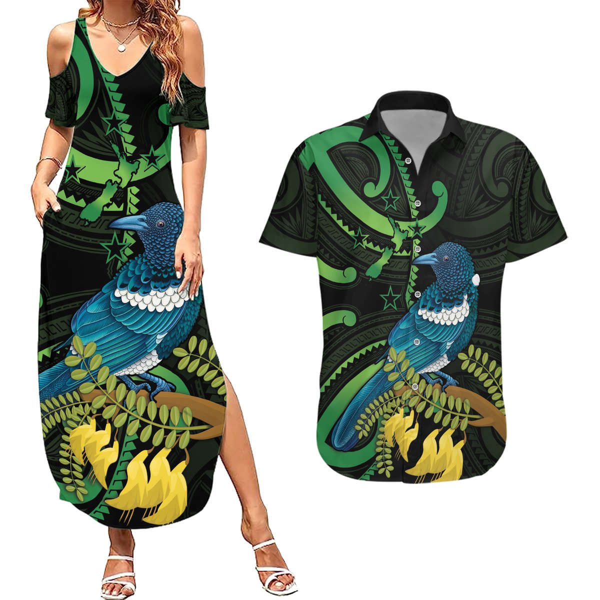 New Zealand Tui Bird Couples Matching Summer Maxi Dress and Hawaiian Shirt Aotearoa Maori With Kowhai Flowers