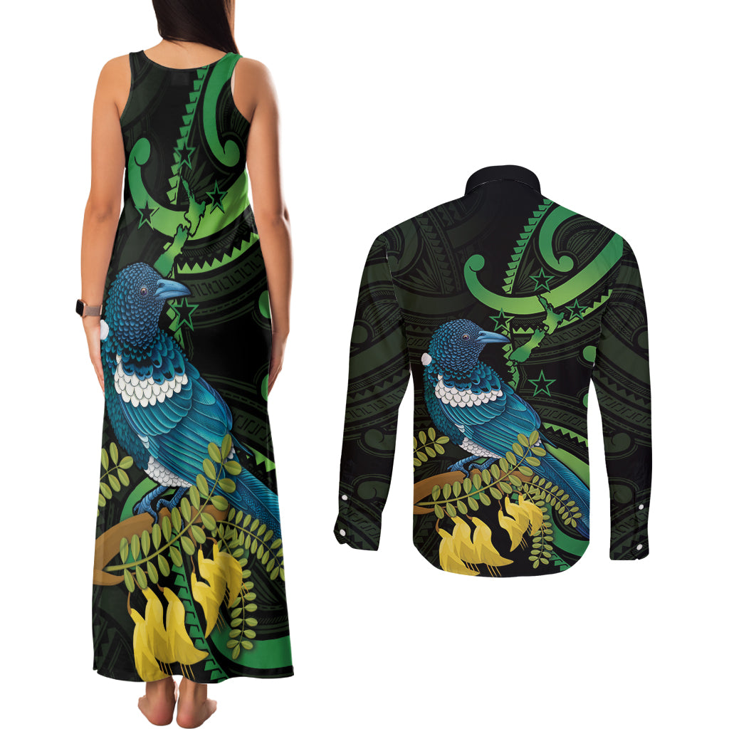 New Zealand Tui Bird Couples Matching Tank Maxi Dress and Long Sleeve Button Shirt Aotearoa Maori With Kowhai Flowers
