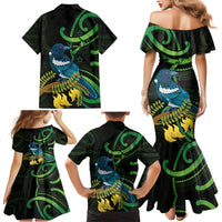 New Zealand Tui Bird Family Matching Mermaid Dress and Hawaiian Shirt Aotearoa Maori With Kowhai Flowers