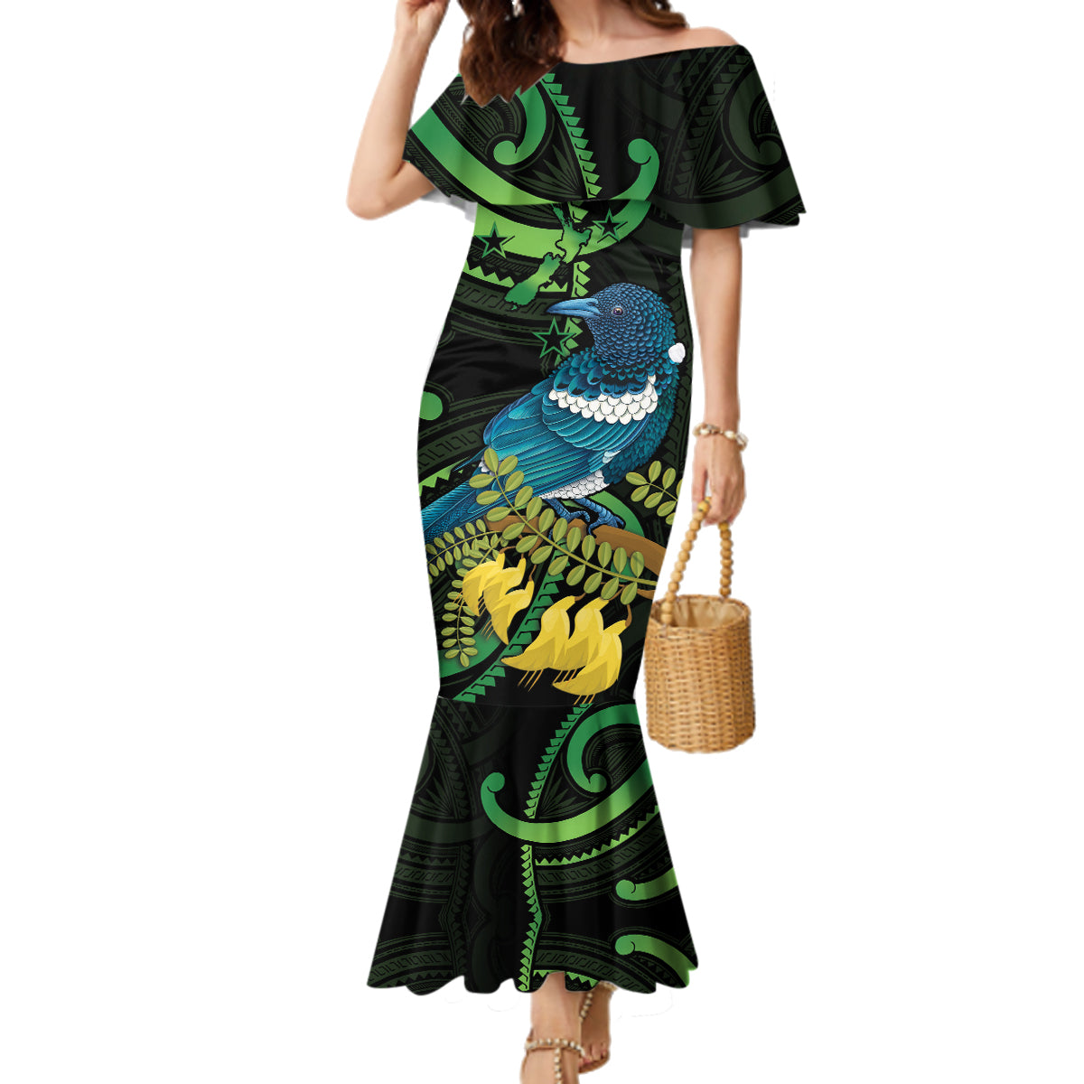 New Zealand Tui Bird Family Matching Mermaid Dress and Hawaiian Shirt Aotearoa Maori With Kowhai Flowers