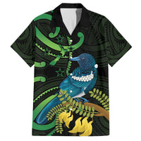 New Zealand Tui Bird Family Matching Off Shoulder Short Dress and Hawaiian Shirt Aotearoa Maori With Kowhai Flowers