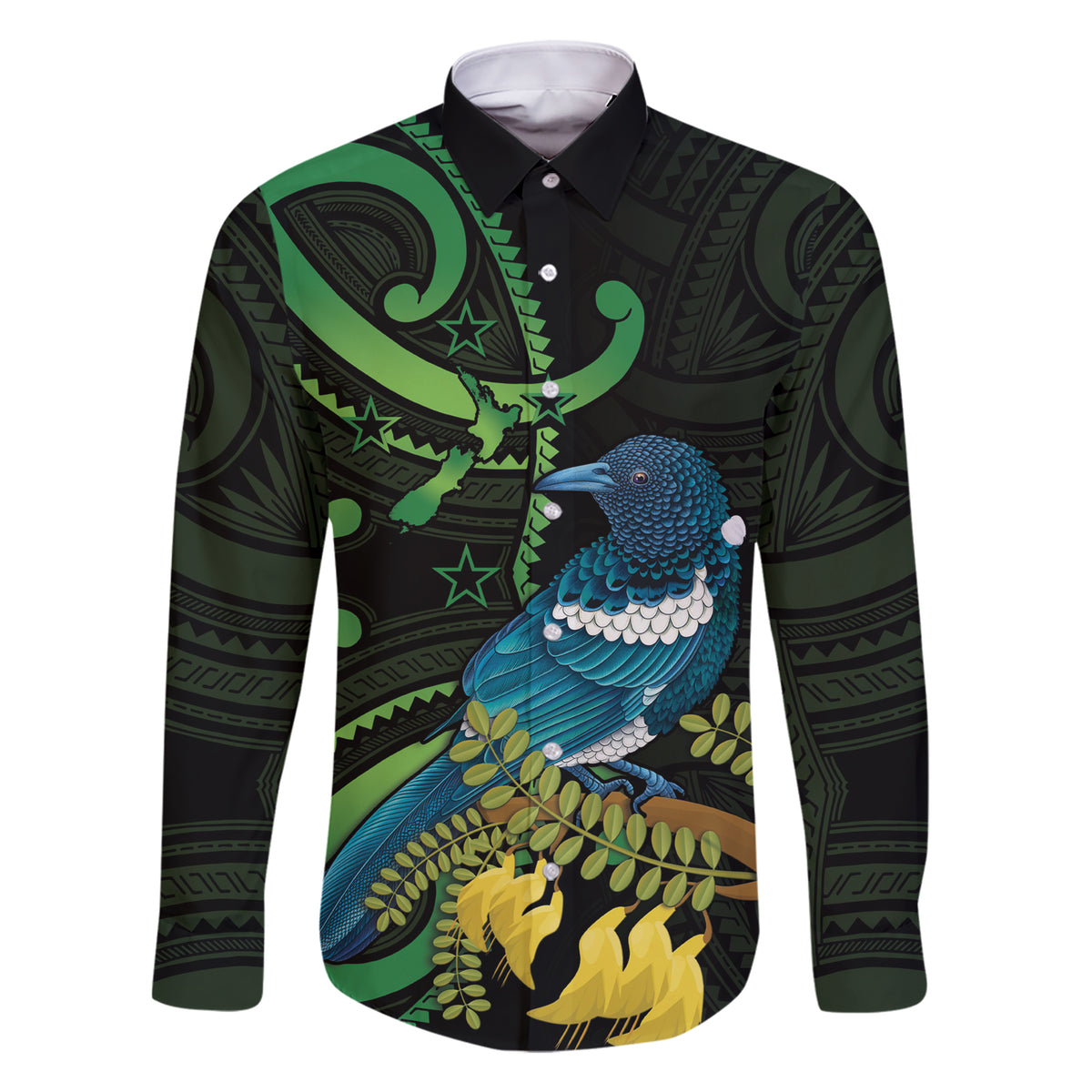 New Zealand Tui Bird Family Matching Short Sleeve Bodycon Dress and Hawaiian Shirt Aotearoa Maori With Kowhai Flowers