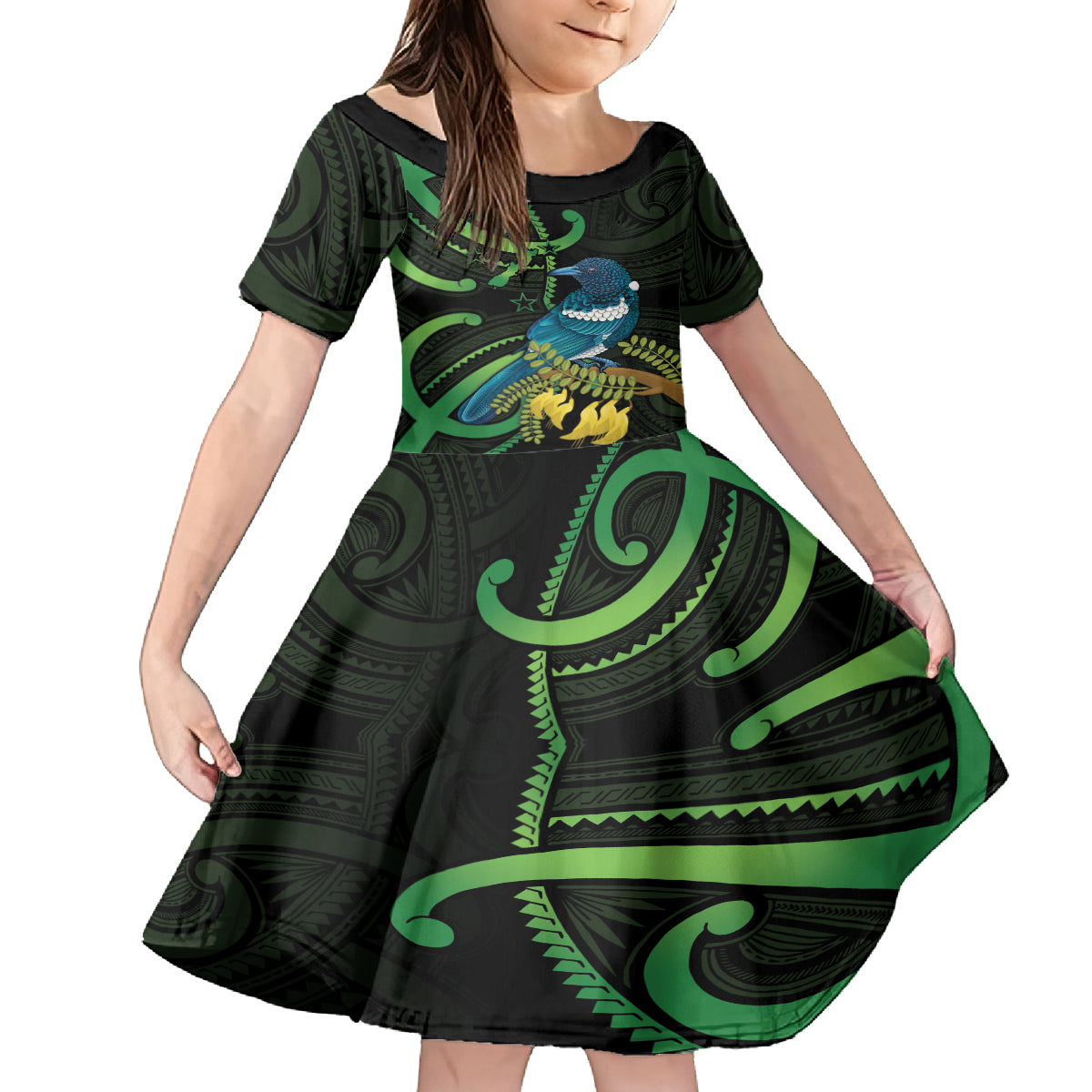New Zealand Tui Bird Family Matching Tank Maxi Dress and Hawaiian Shirt Aotearoa Maori With Kowhai Flowers