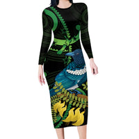 New Zealand Tui Bird Long Sleeve Bodycon Dress Aotearoa Maori With Kowhai Flowers