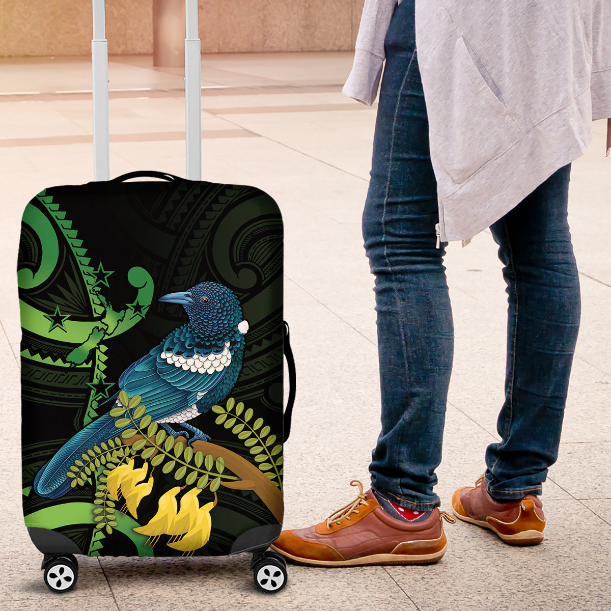 New Zealand Tui Bird Luggage Cover Aotearoa Maori With Kowhai Flowers