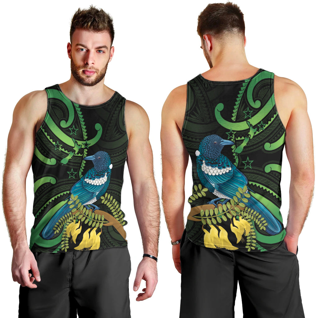 New Zealand Tui Bird Men Tank Top Aotearoa Maori With Kowhai Flowers