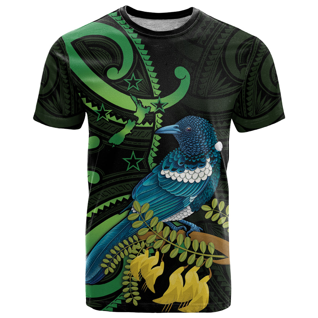 New Zealand Tui Bird T Shirt Aotearoa Maori With Kowhai Flowers LT14 Black - Polynesian Pride