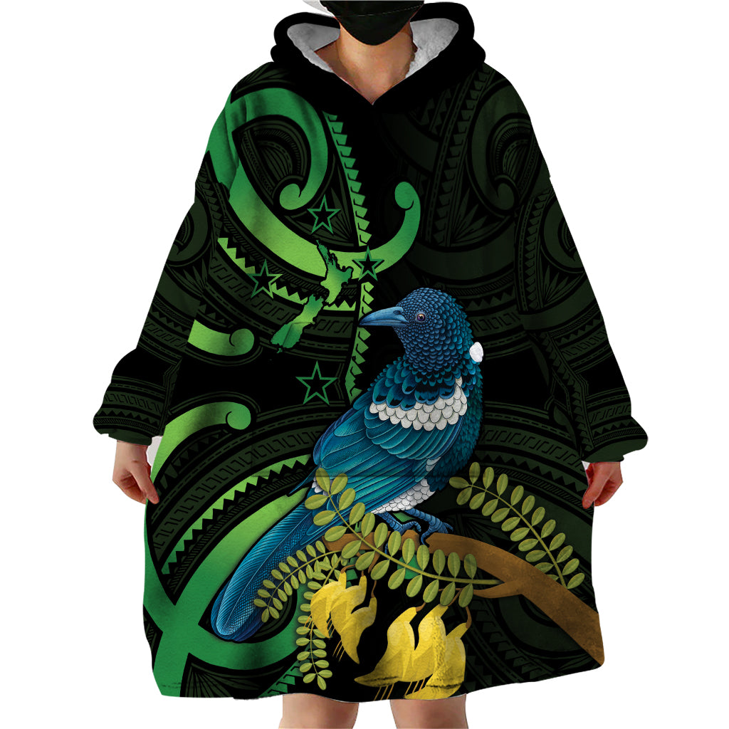 New Zealand Tui Bird Wearable Blanket Hoodie Aotearoa Maori With Kowhai Flowers