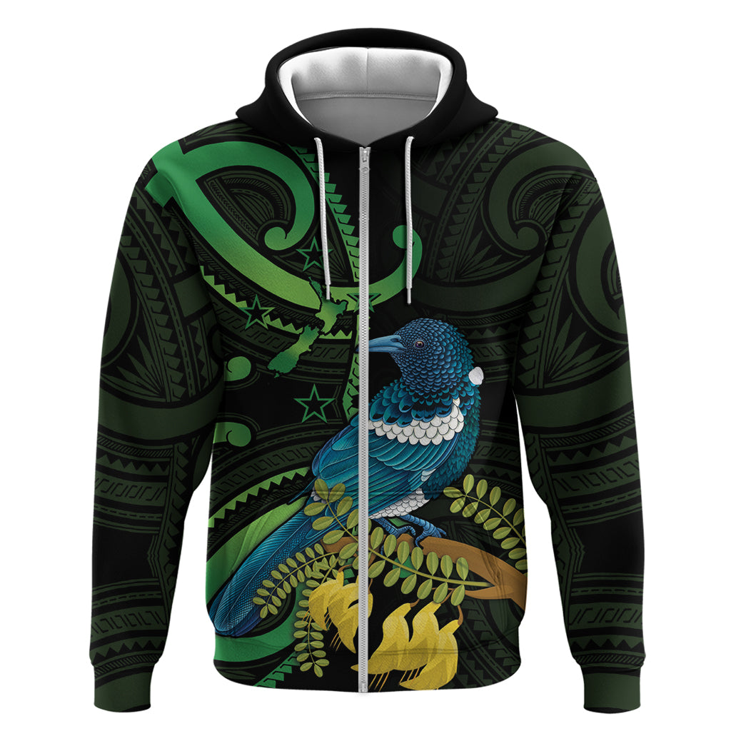 New Zealand Tui Bird Zip Hoodie Aotearoa Maori With Kowhai Flowers