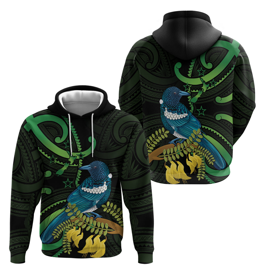 New Zealand Tui Bird Zip Hoodie Aotearoa Maori With Kowhai Flowers