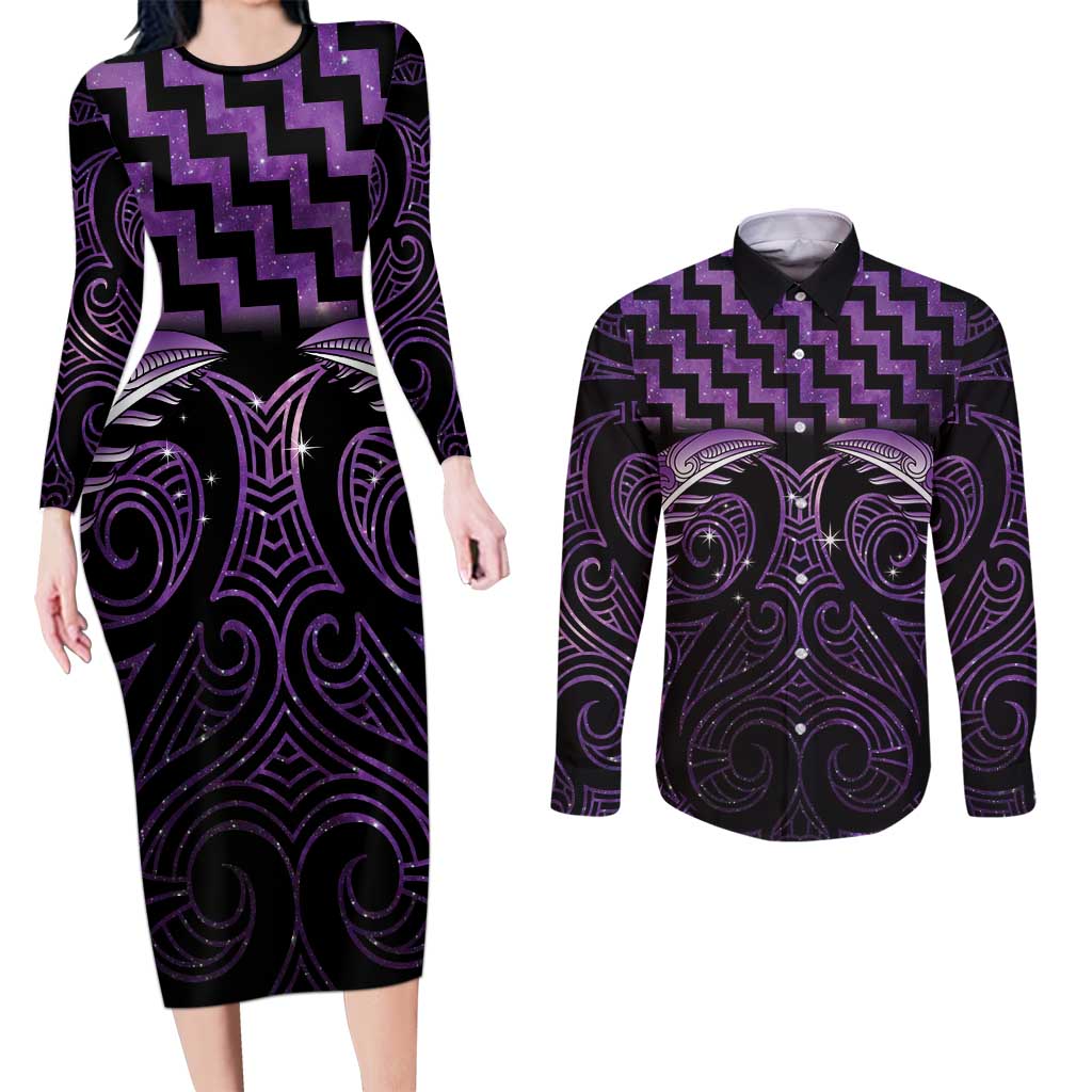 Purple Matariki New Zealand Couples Matching Long Sleeve Bodycon Dress and Long Sleeve Button Shirt Maori Poutama Galaxy Vibes