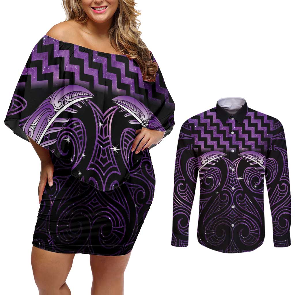 Purple Matariki New Zealand Couples Matching Off Shoulder Short Dress and Long Sleeve Button Shirt Maori Poutama Galaxy Vibes